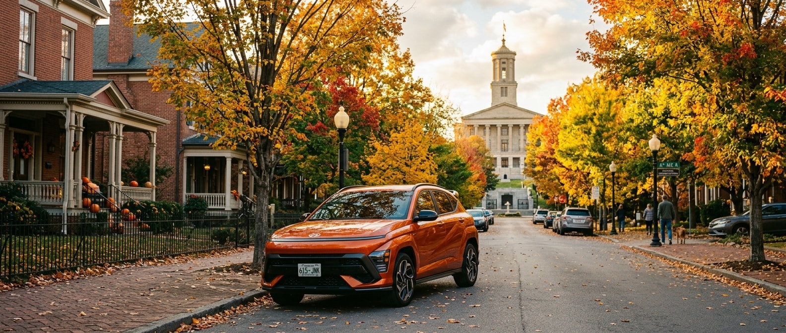 2026 Hyundai Kona parked in Nashville Germantown neighborhood during fall festival season with orange and gold autumn foliage