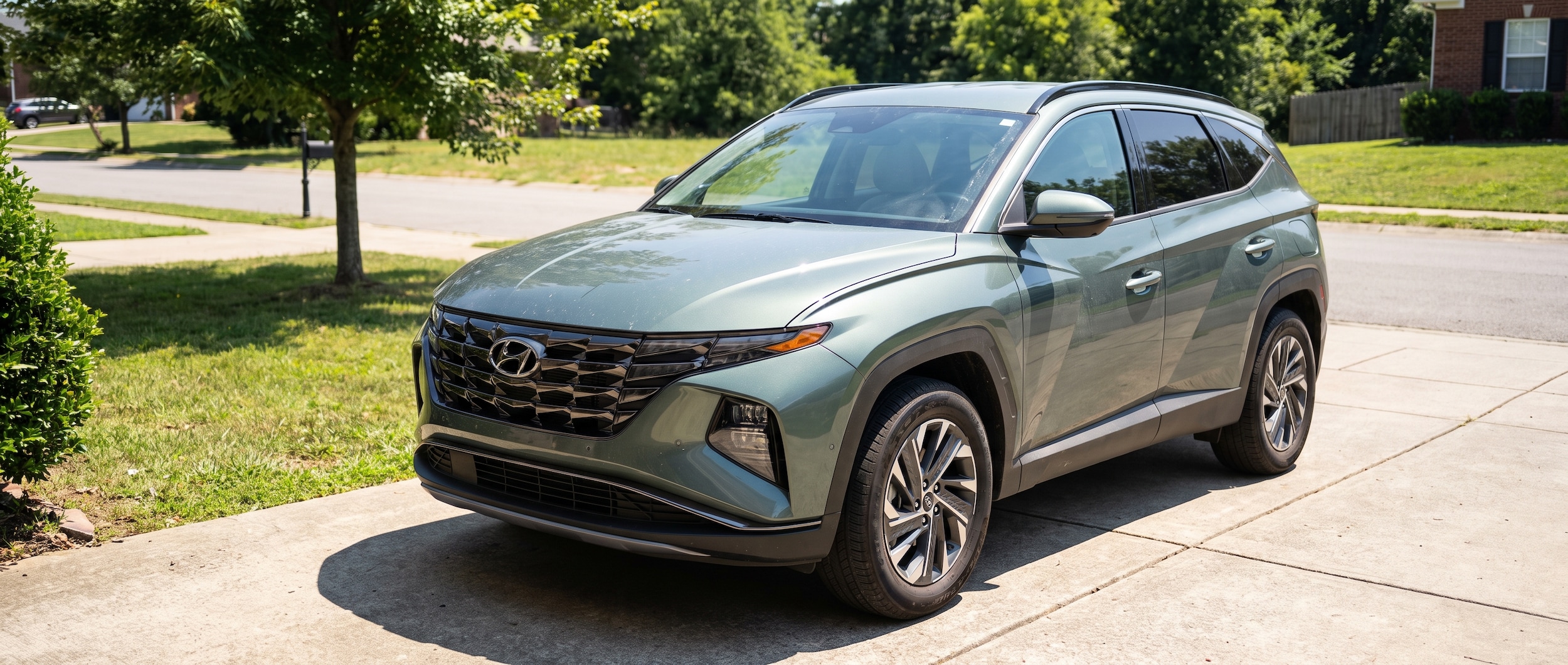 A 2026 Hyundai Tucson parked in a sunny suburban Tennessee driveway on a bright July afternoon, interior visible through the windshield showing the climate control panel, heat haze visible in the background suggesting a hot summer day