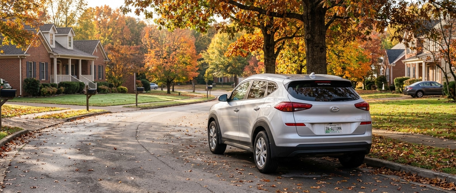 Used 2021 Hyundai Tucson on a Hendersonville Tennessee street surrounded by fall foliage