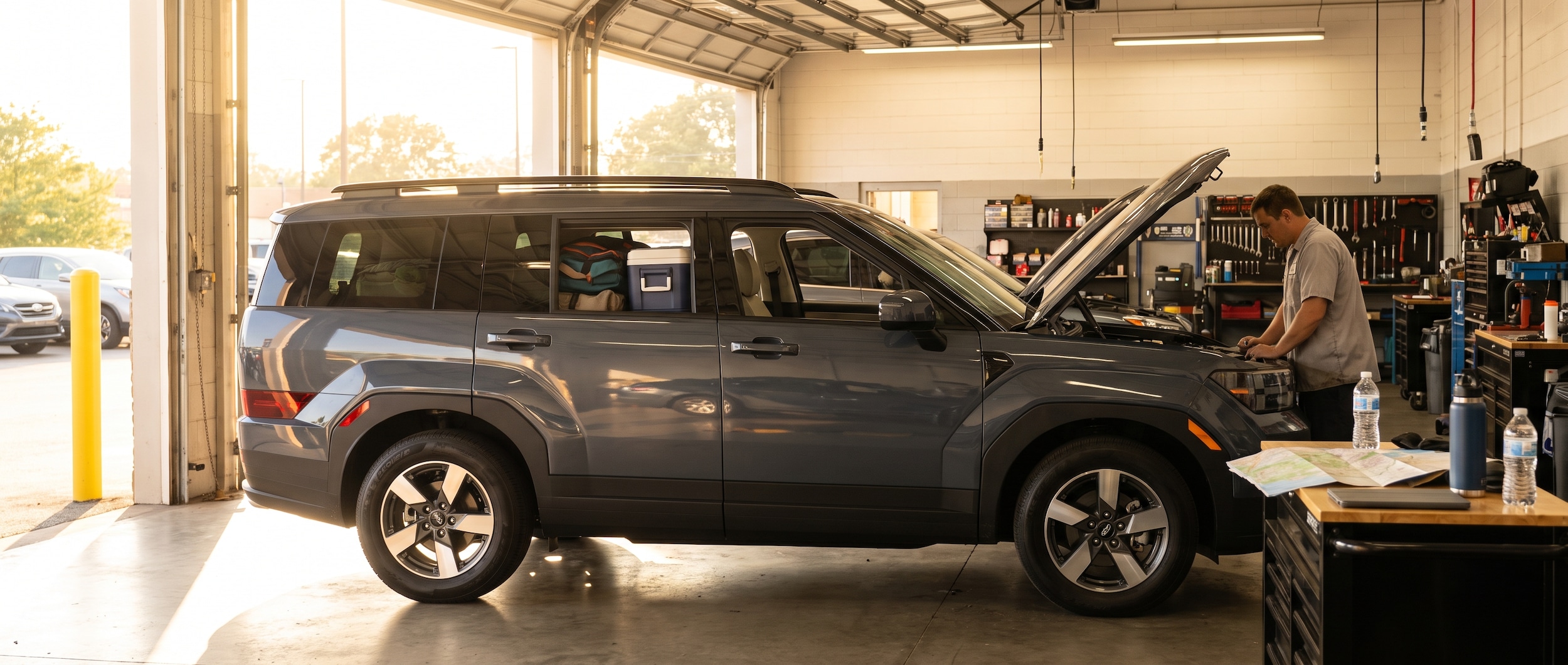 A 2026 Hyundai Santa Fe in a silver or dark color sits in a bright service bay, hood open, with a summer-ready road-trip feel (luggage visible through the rear window, warm Tennessee sunshine streaming through the bay door). The setting evokes departure prep, not a repair.