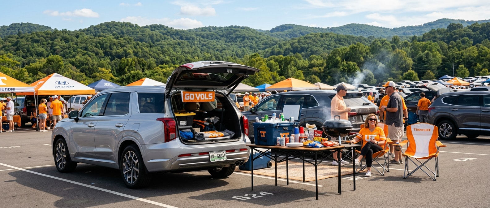 2026 Hyundai Palisade with liftgate open set up for tailgating at a Nissan Stadium parking lot on a Tennessee fall afternoon