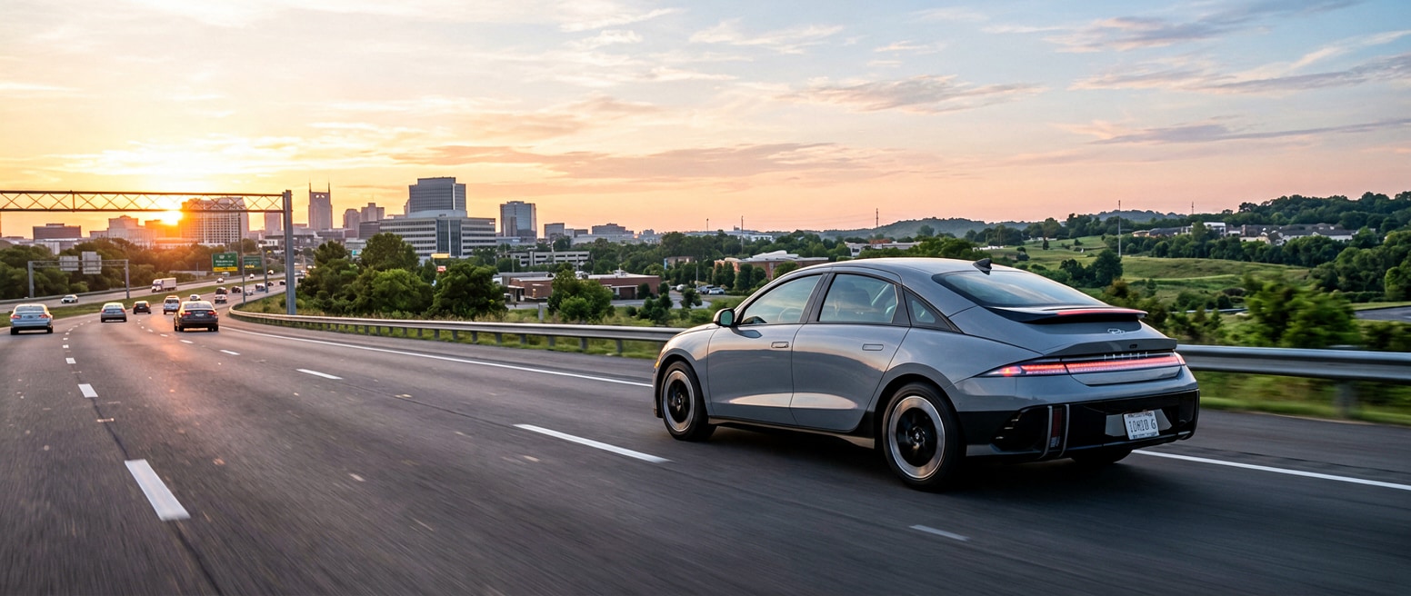 2026 Hyundai IONIQ 6 in Cyber Grey driving on a Tennessee expressway at dawn, suburban skyline in the background, warm summer morning light, aerodynamic fastback profile visible