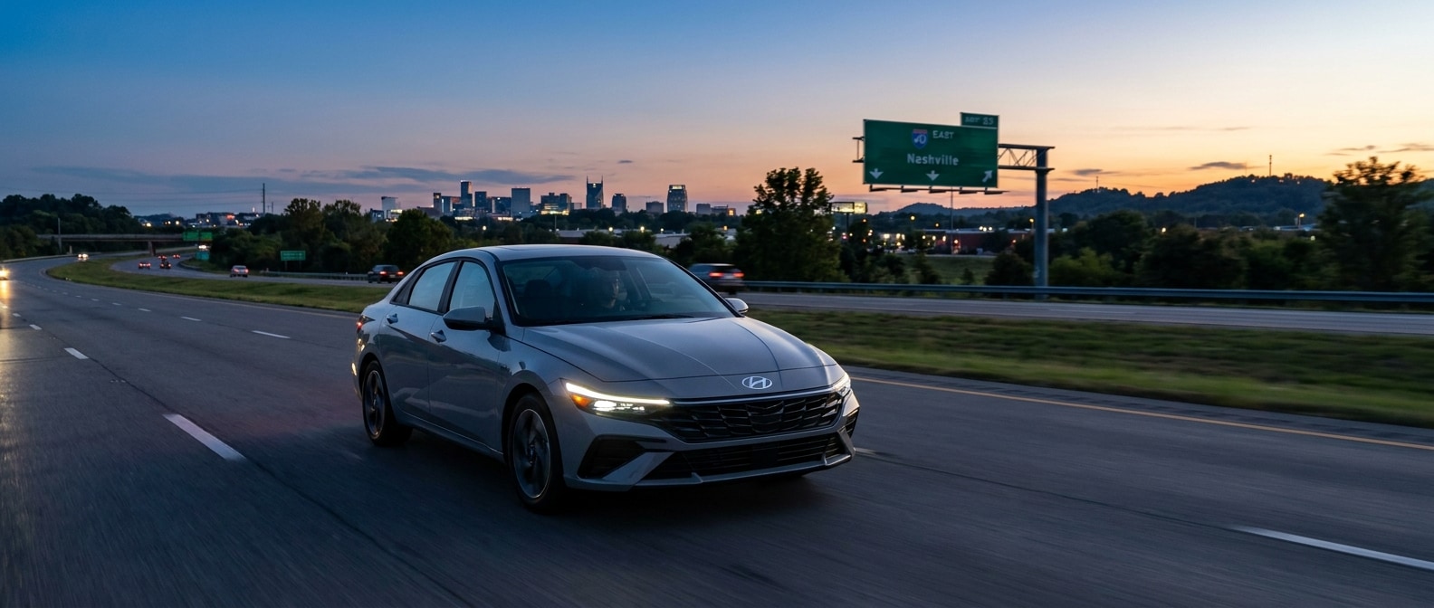 2026 Hyundai Elantra Hybrid on I-65 near Goodlettsville Tennessee at dusk