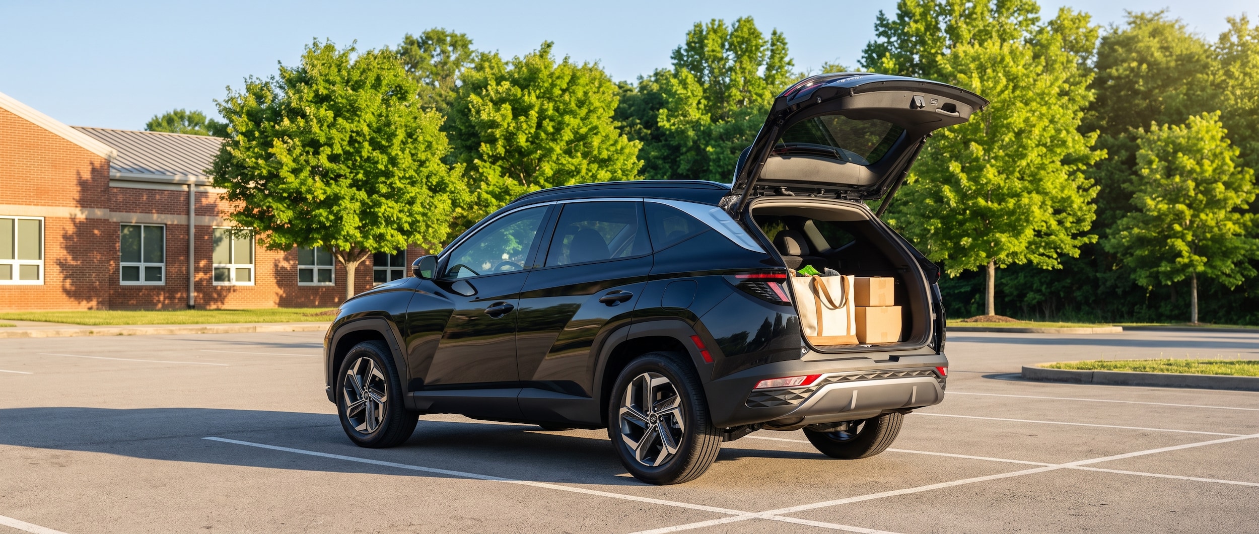 A 2026 Hyundai Tucson Hybrid in Phantom Black parked outside a suburban Tennessee school on a sunny August morning, cargo area open with a canvas tote and supply boxes visible, green trees in the background