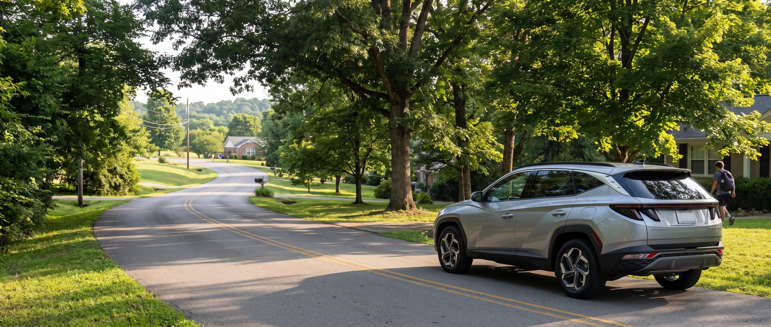 A 2026 Hyundai Tucson Hybrid in silver or blue, parked on a suburban Tennessee road with lush green summer foliage, morning light suggesting a commute departure, the SUV facing toward an open road