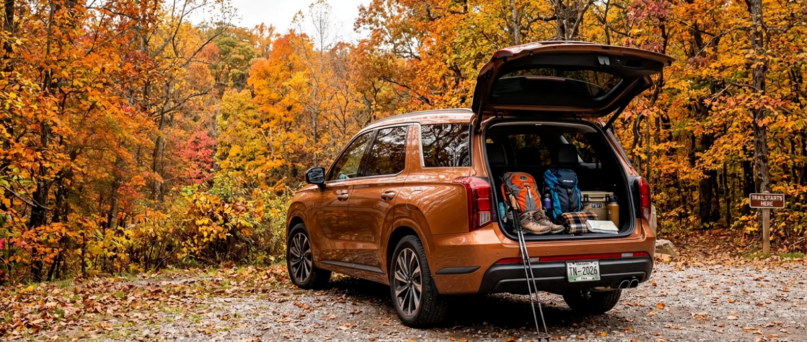 2026 Hyundai Palisade at a Tennessee fall trailhead with cargo area open and fall foliage in the background