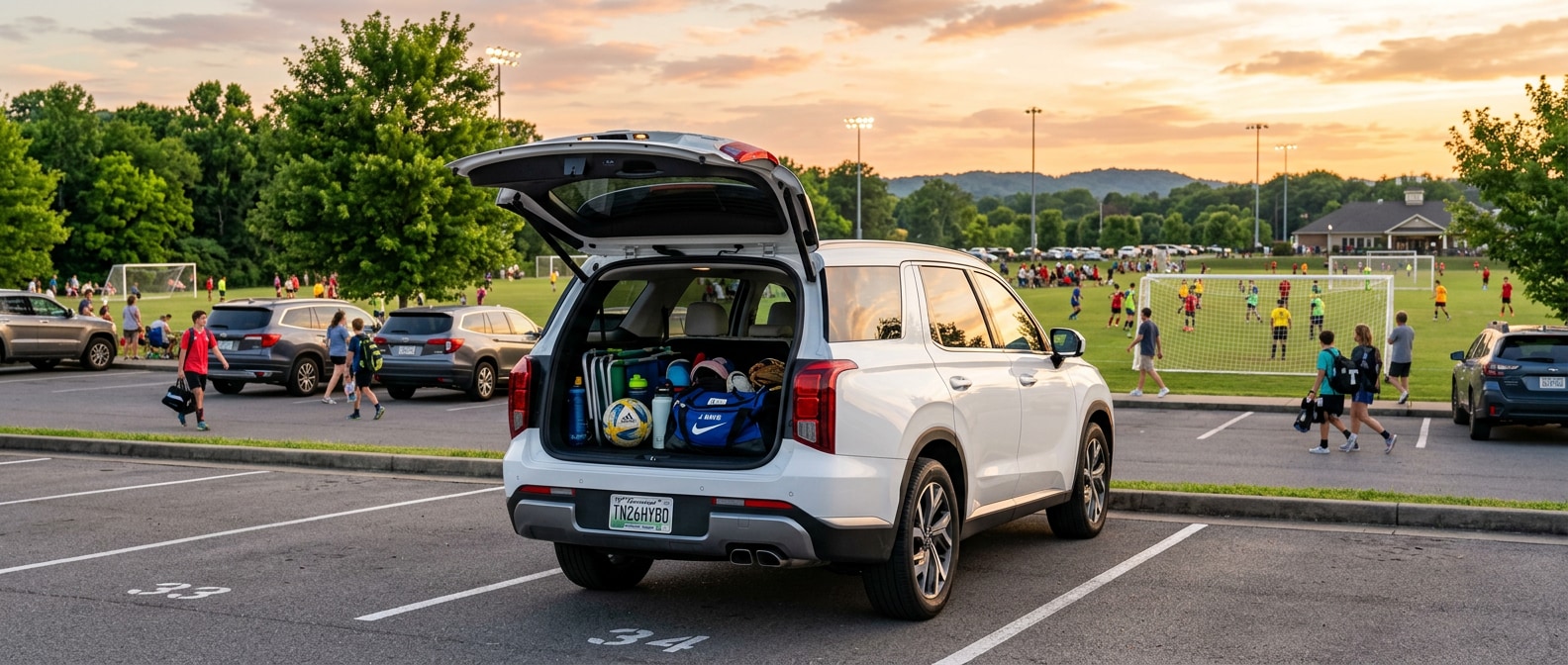 A 2026 Hyundai Palisade Hybrid in a park parking lot with soccer fields visible in the background, rear liftgate open showing sports gear, on a warm summer evening in Tennessee