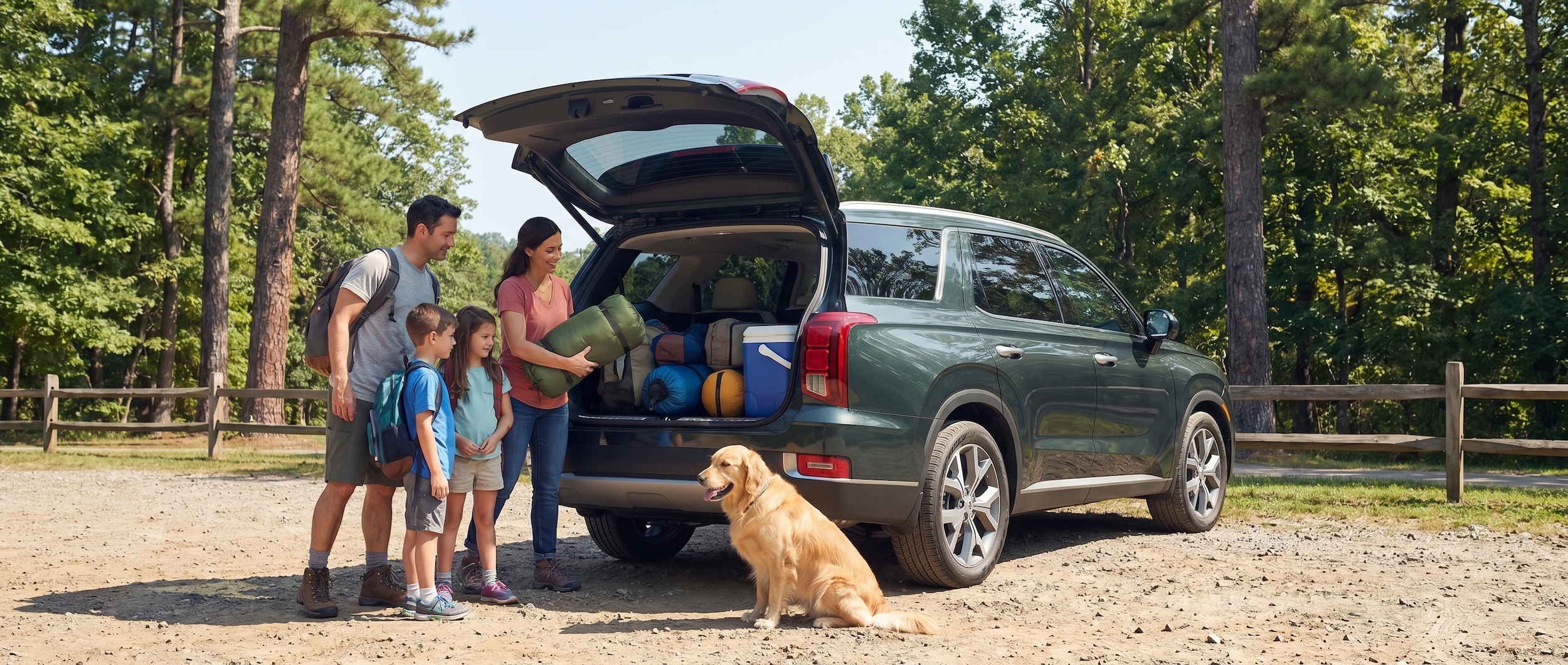 Family loading camping gear into a Hyundai Palisade at a Tennessee state park trailhead with kids and golden retriever visible