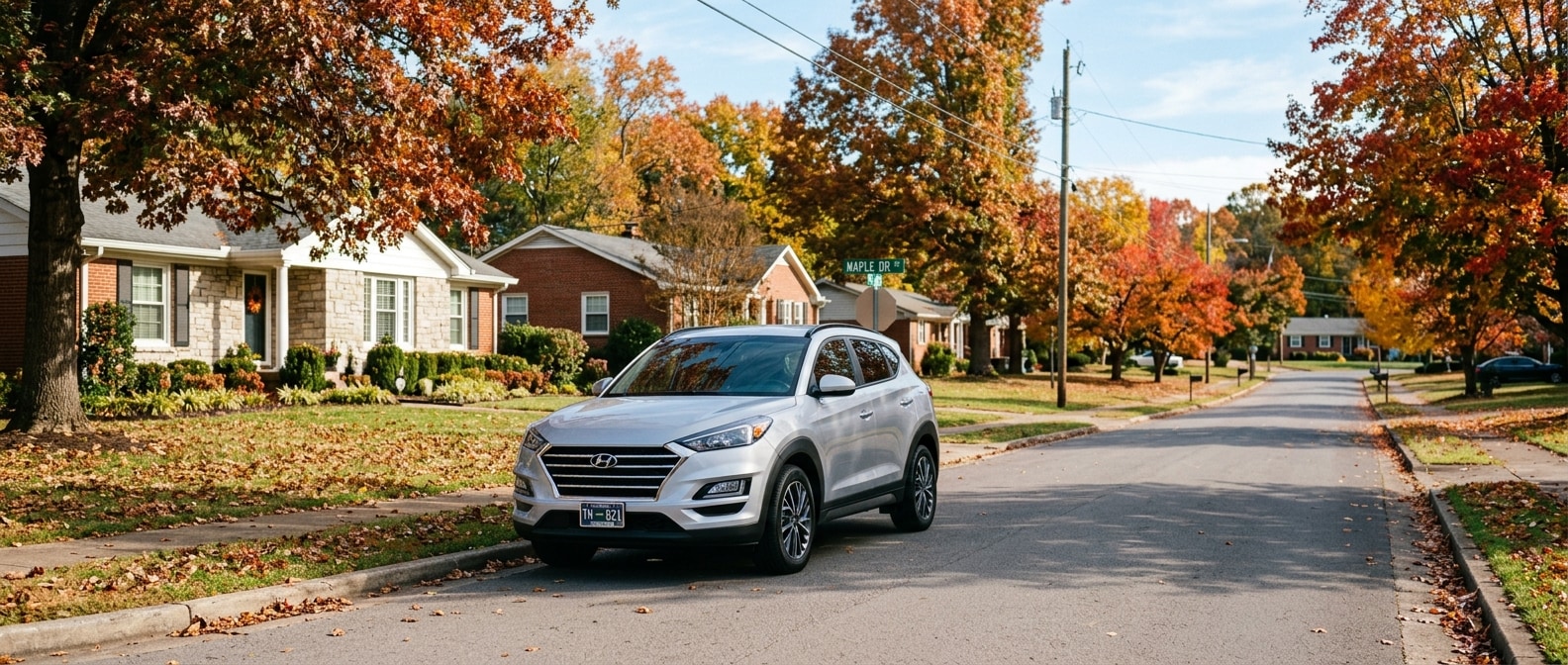 2021 Hyundai Tucson parked on a tree-lined residential street near Saundersville Road in Hendersonville, TN