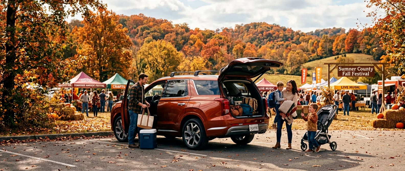 2026 Hyundai Palisade Hybrid parked at a Sumner County fall festival in Tennessee with autumn foliage