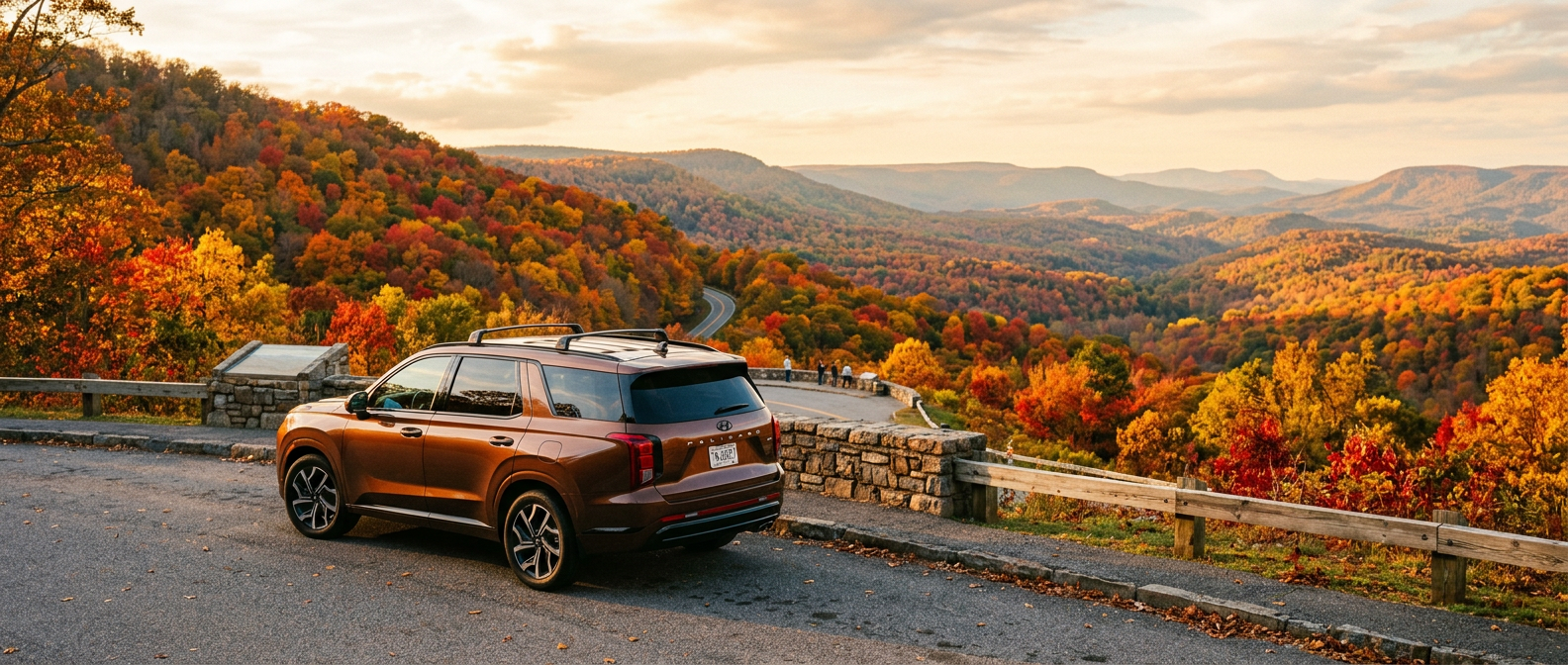 2027 Hyundai Palisade at a fall foliage overlook on the Cumberland Plateau in Middle Tennessee