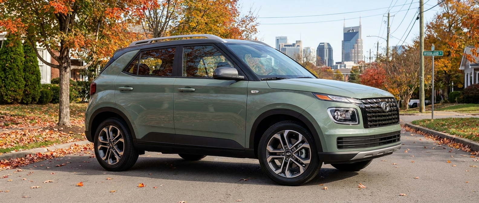 2026 Hyundai Venue SEL two-tone subcompact crossover SUV on a Nashville suburb street in autumn
