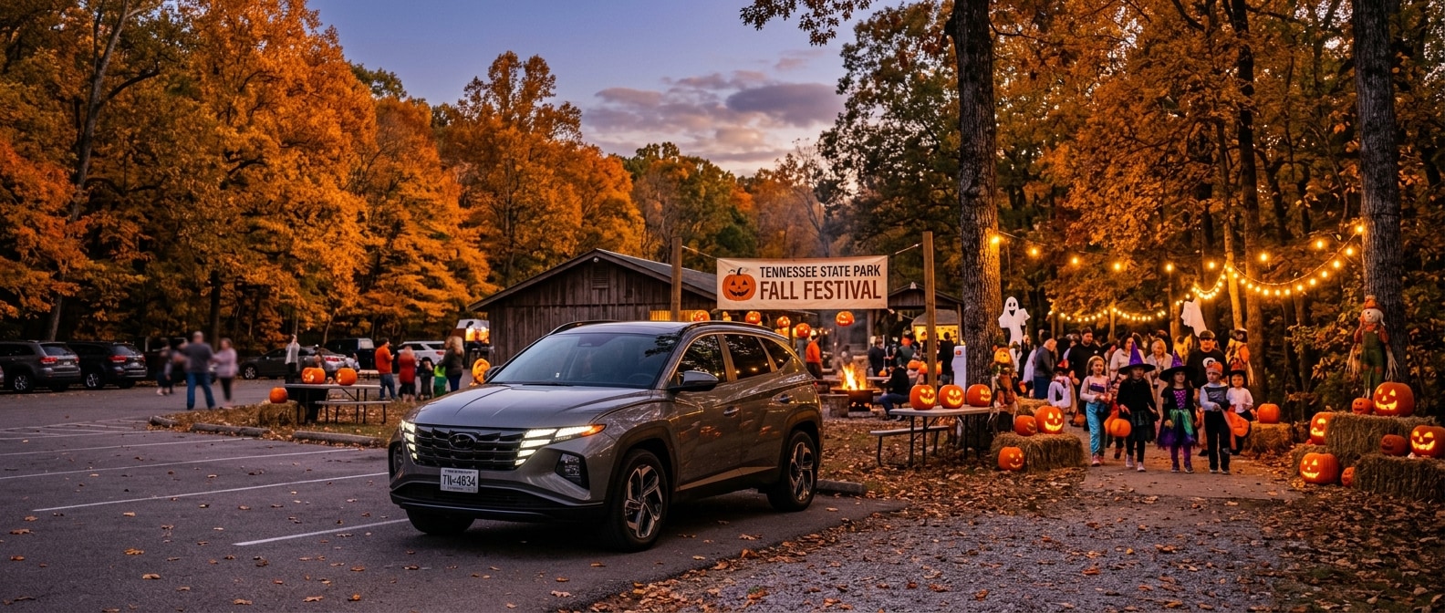 2026 Hyundai Tucson parked at Bledsoe Creek State Park in Gallatin, TN, on a fall Halloween evening