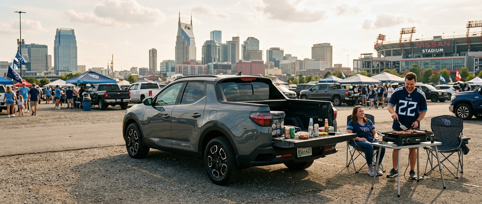 2026 Hyundai Santa Cruz with tailgate down loaded with Titans tailgate gear in a Nashville stadium lot