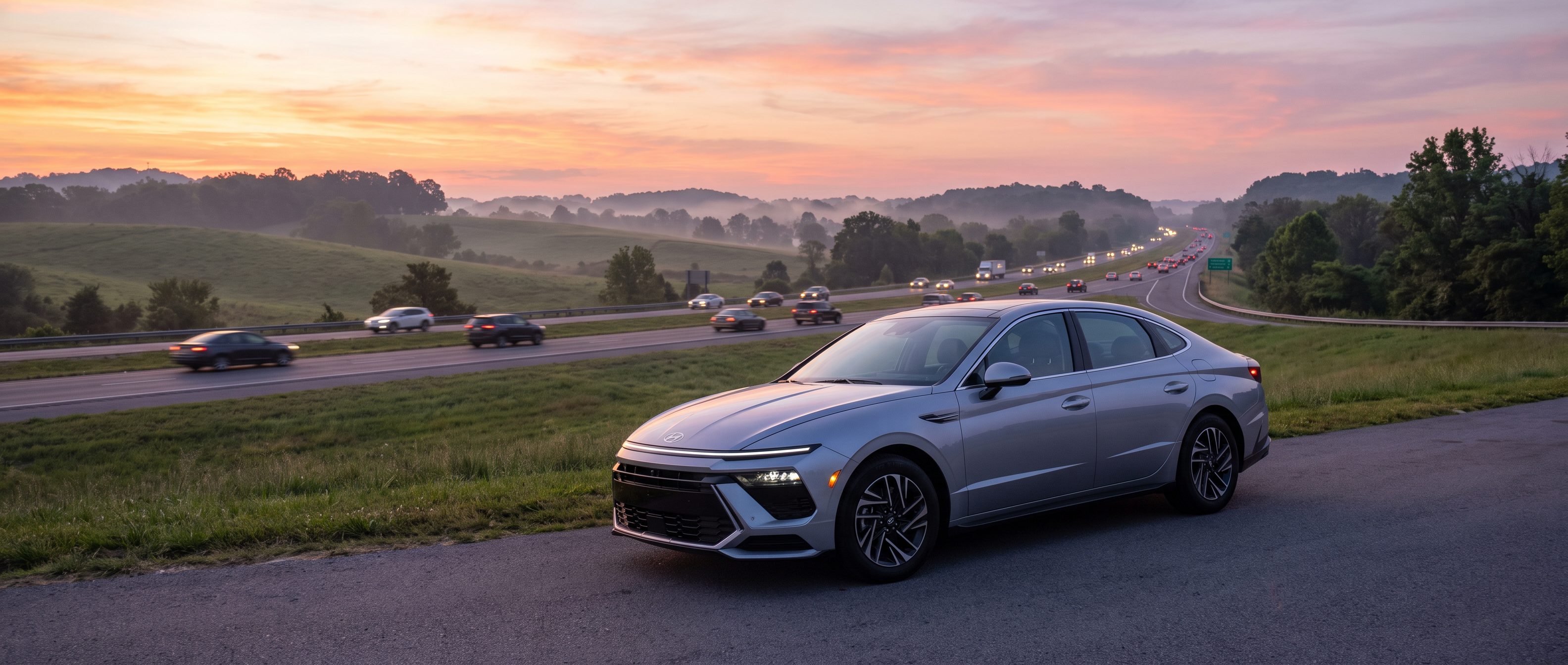 2026 Hyundai Sonata Hybrid on a Tennessee highway on-ramp at dawn near Hendersonville