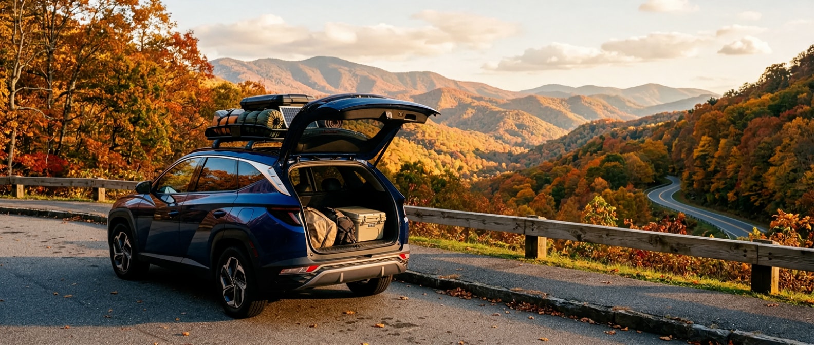 2026 Hyundai Tucson Hybrid at a Tennessee mountain overlook with fall foliage during a road trip from Hendersonville