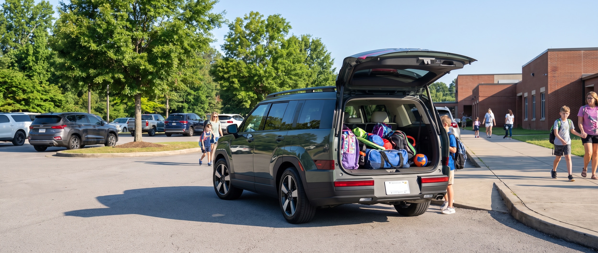 2026 Hyundai Santa Fe Hybrid at a school drop-off lane with cargo area open and backpacks loaded, Hendersonville Tennessee