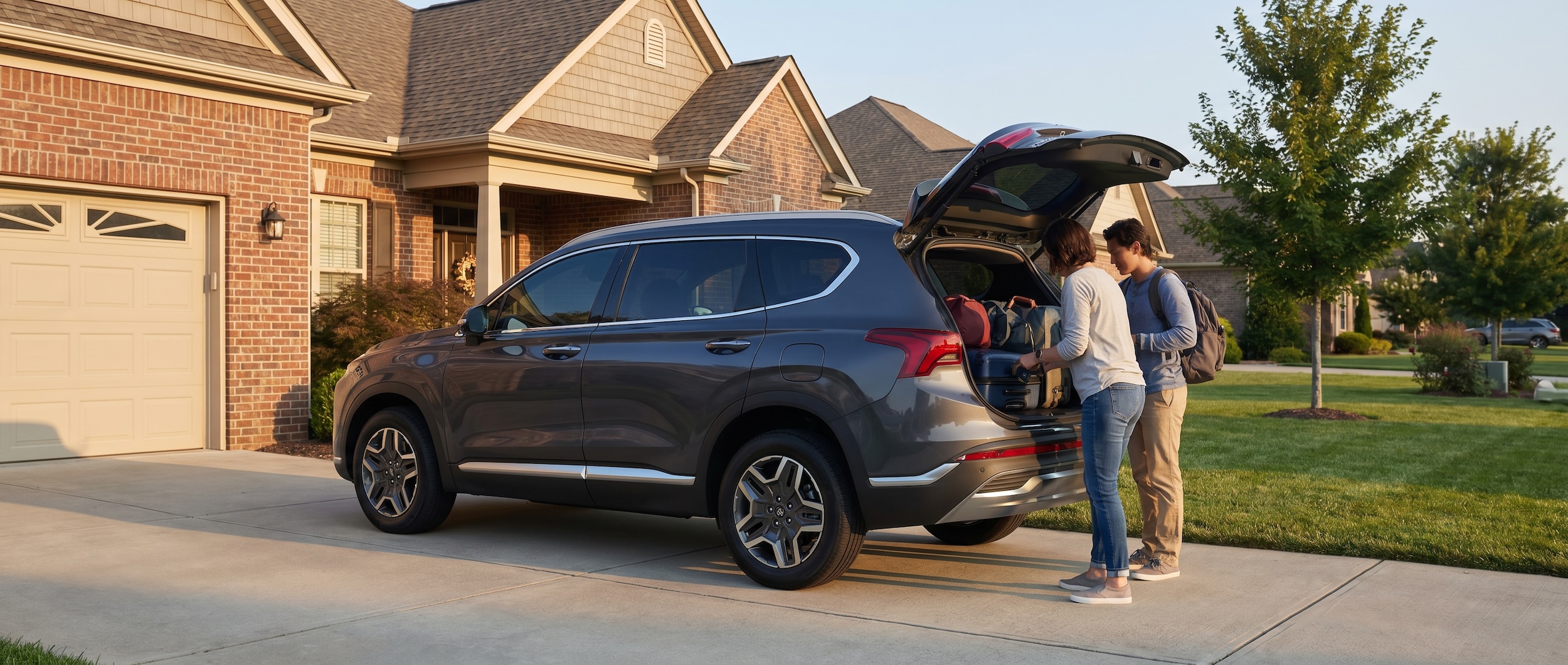 A well-maintained Hyundai vehicle parked at a home driveway in Hendersonville with luggage being loaded, early morning light suggesting preparation for airport travel