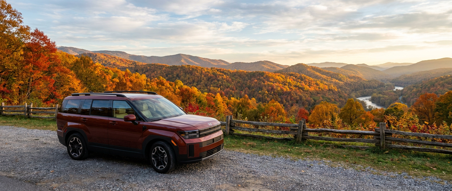 2026 Hyundai Santa Fe Hybrid at a Tennessee mountain overlook surrounded by fall foliage