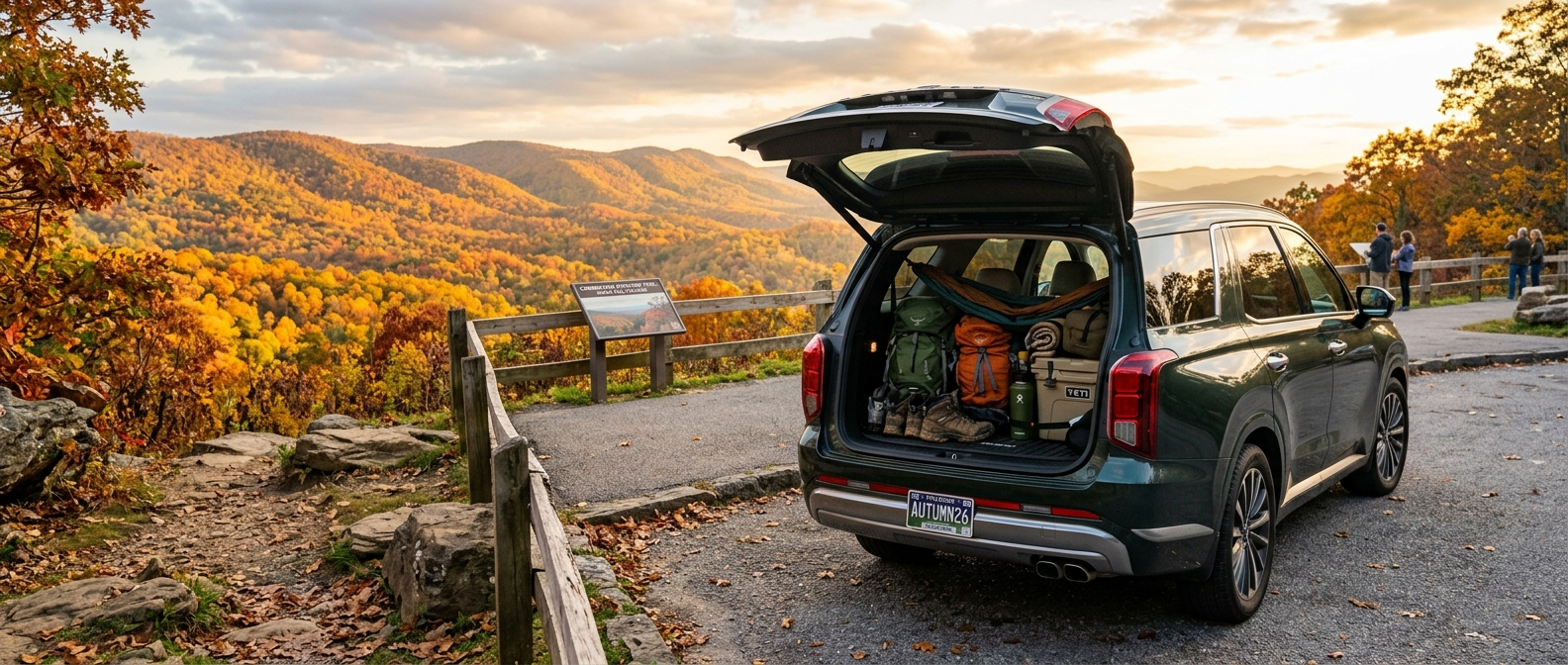 2026 Hyundai Palisade tailgate open with fall gear loaded, parked at a Tennessee autumn overlook near Nashville