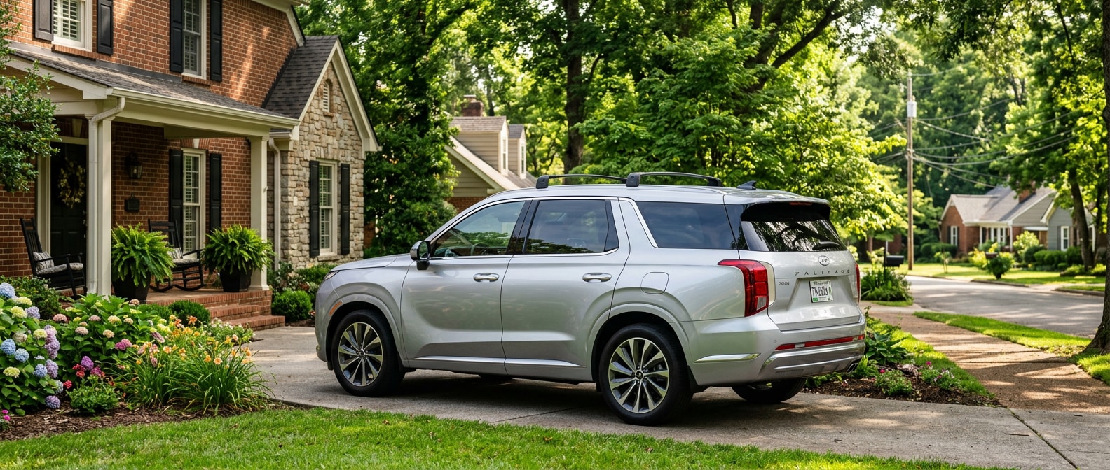 A 2026 Hyundai Palisade parked in a green-canopied suburban Tennessee neighborhood on a summer morning, full-size family SUV in white or silver, rear doors visible, warm natural light suggesting the Nashville suburb belt