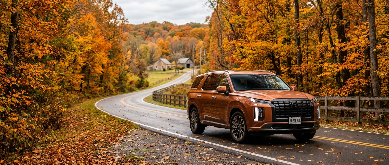 2026 Hyundai Palisade on a tree-lined fall road near Long Hollow Pike in Hendersonville, TN