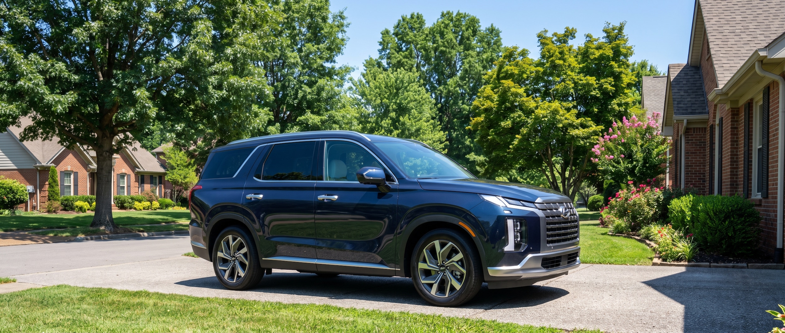 A 2026 Hyundai Palisade parked in a Tennessee suburban neighborhood on a bright summer day, three-quarter front view, lush green trees in the background suggesting the Nashville region, family-sized three-row SUV stance prominent