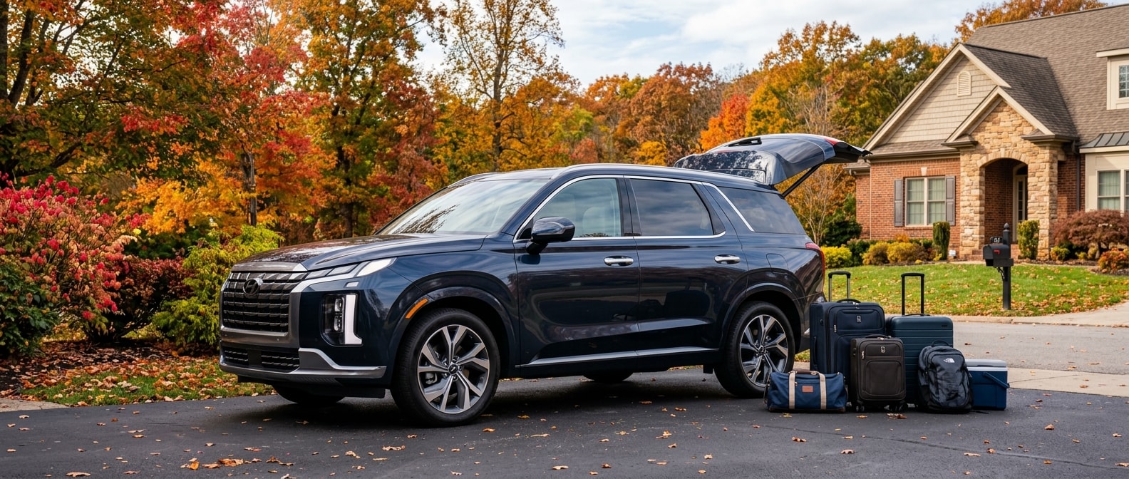 2027 Hyundai Palisade with liftgate open in a Hendersonville Tennessee driveway, autumn light
