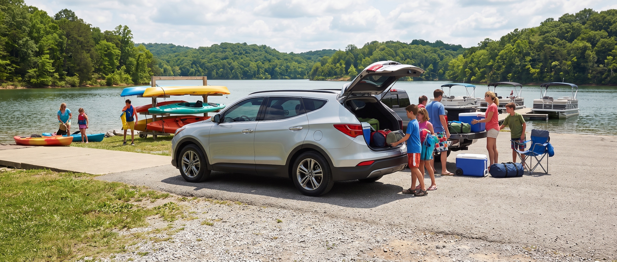 A silver Hyundai Santa Fe parked near a boat launch at a Tennessee lake recreation area on a sunny summer day, with kayaks visible in the background and families unloading gear