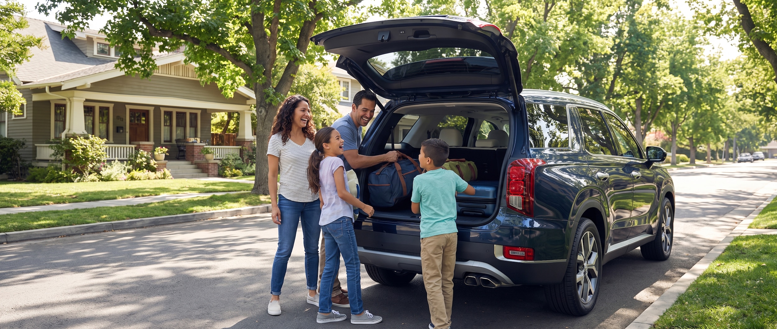 A happy family loading bags into a spacious Hyundai SUV in a suburban Tennessee neighborhood on a sunny day, with green trees and a peaceful residential street in the background.