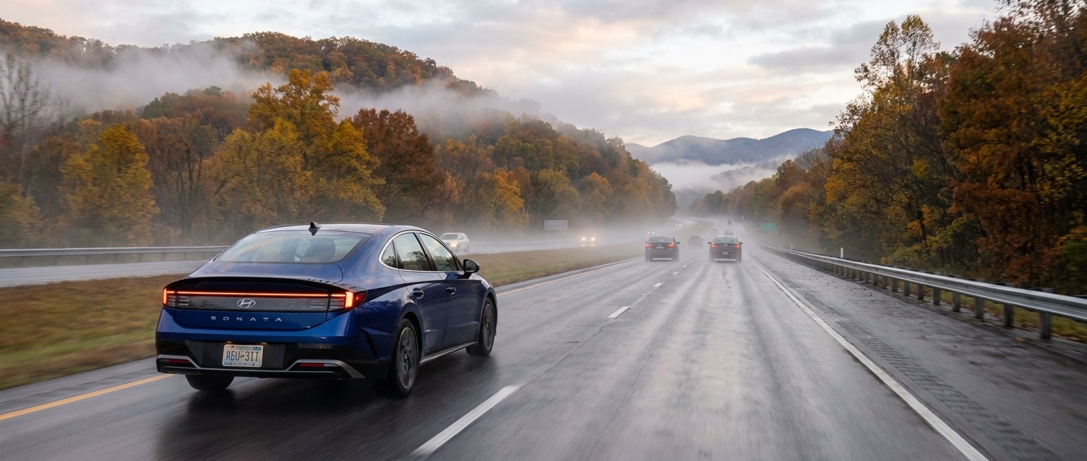 2026 Hyundai Sonata on a foggy fall morning on I-65 in Middle Tennessee near Hendersonville