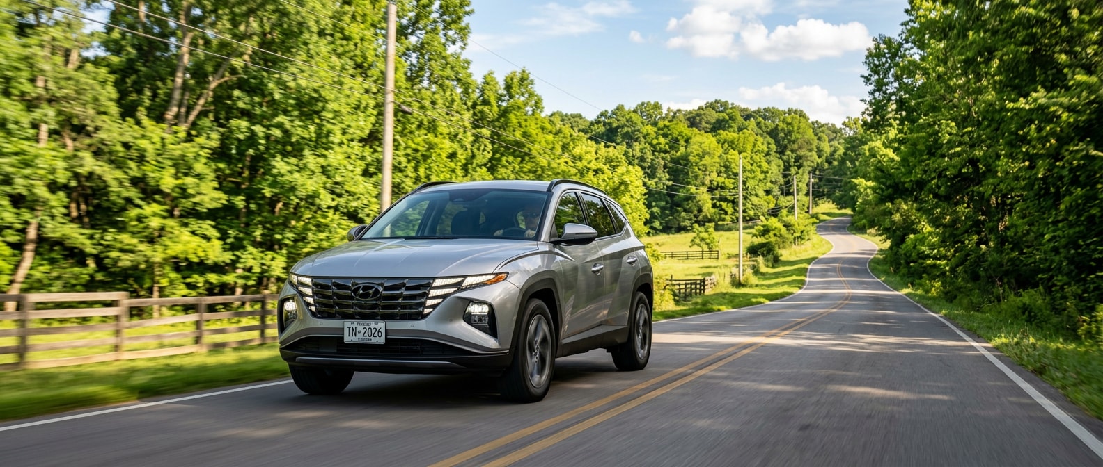 A 2026 Hyundai Tucson Hybrid in Cyber Gray driving along a two-lane Tennessee country road flanked by green trees in summer, sunny afternoon light, suburban Nashville region