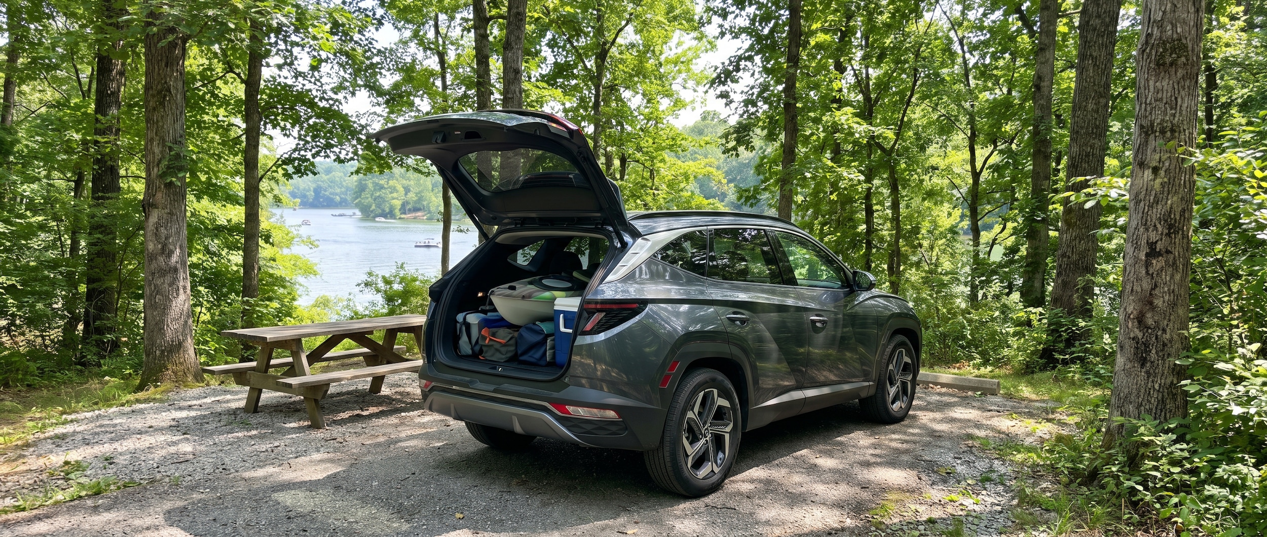 A 2026 Hyundai Tucson Hybrid in Ecotronic Gray parked at a lakeside day-use area at Bledsoe Creek State Park, Old Hickory Lake visible in the background, kayaks and camping gear visible through the open rear hatch, summer light, green Tennessee hardwood canopy overhead