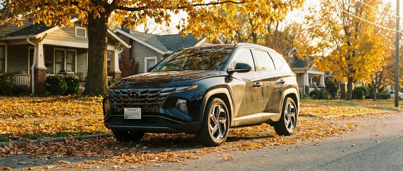 2022 Hyundai Tucson Hybrid on a Tennessee suburban street with fall foliage in the background