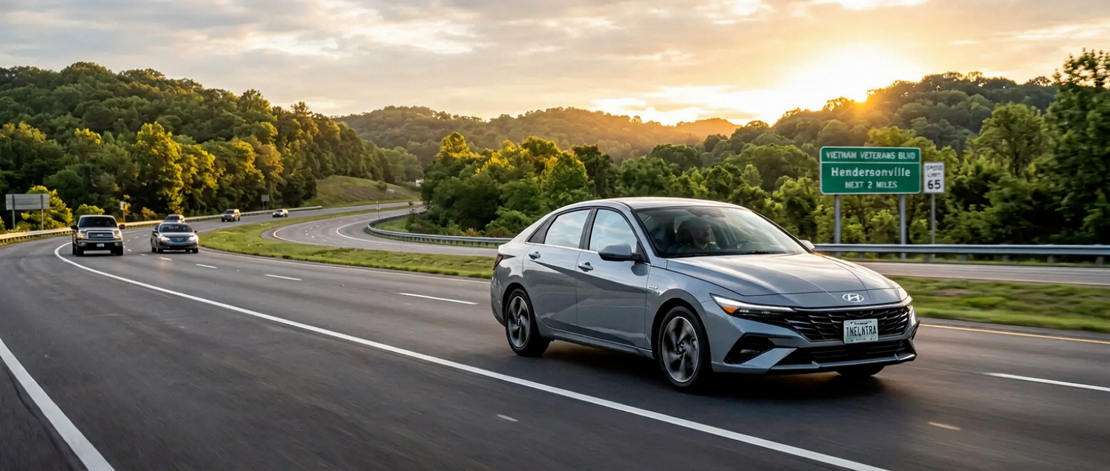2026 Hyundai Elantra Hybrid driving on a Tennessee highway at sunrise, representing a Hendersonville commute on SR-386