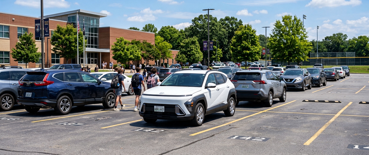 A 2026 Hyundai Kona in a suburban high school parking lot, bright afternoon light, compact footprint visible in the lot, Tennessee suburban setting