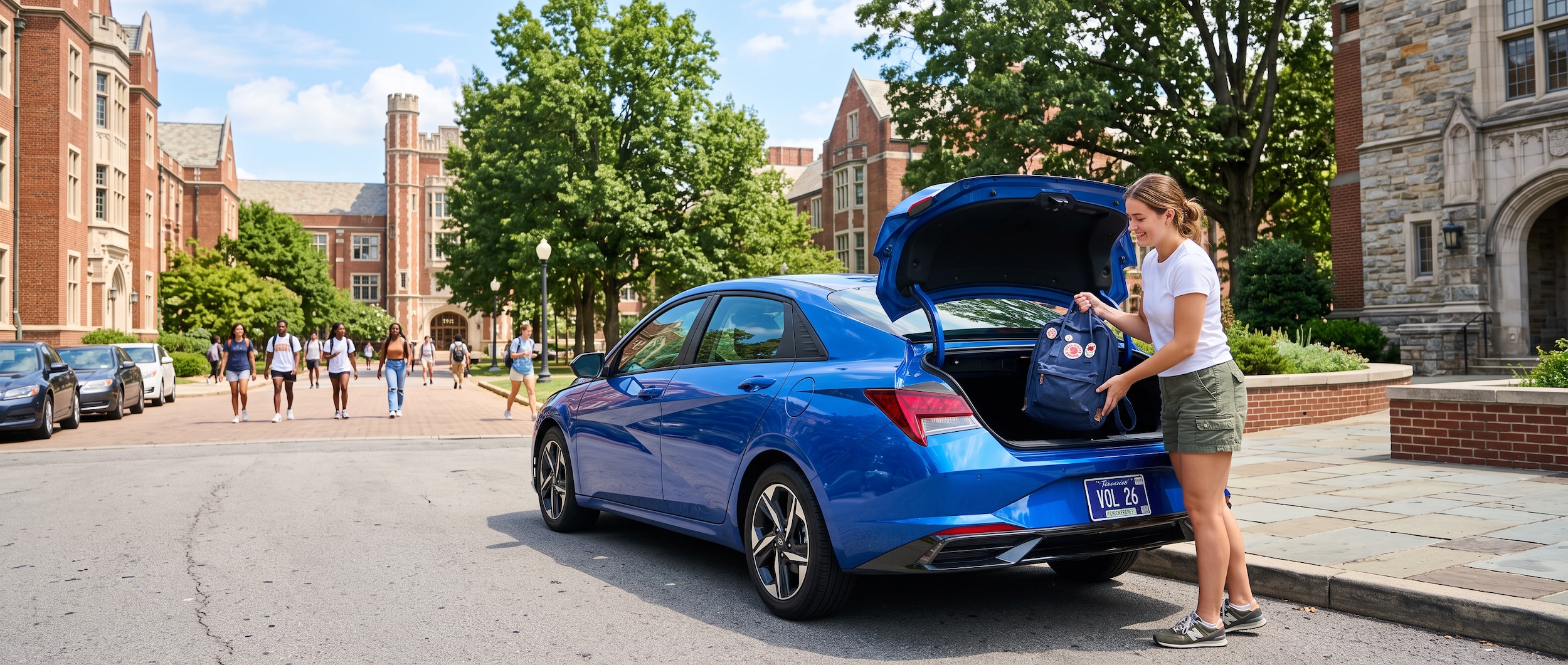 A 2026 Hyundai Elantra sedan in a bright color parked near a Tennessee college campus on a sunny August day, with a student loading a backpack into the trunk