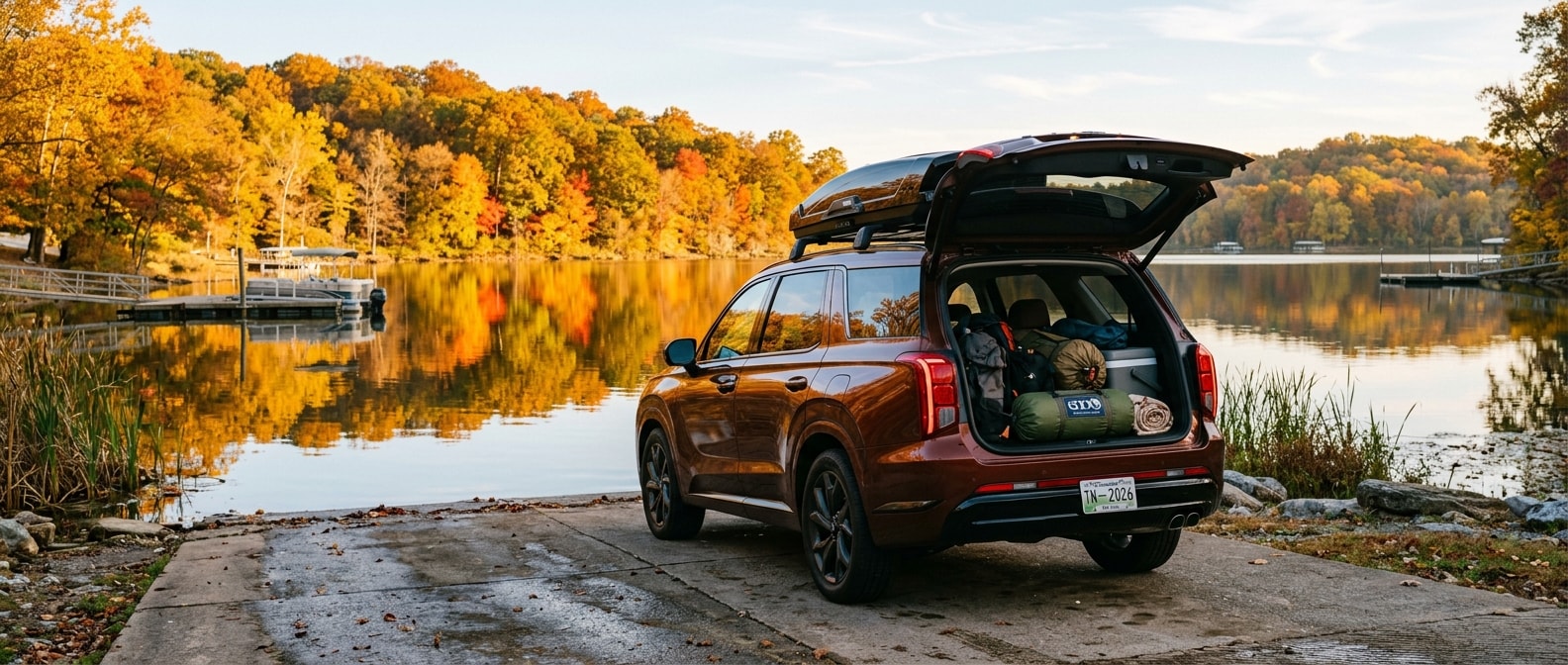 2026 Hyundai Palisade at an Old Hickory Lake boat ramp surrounded by fall foliage in Hendersonville, TN