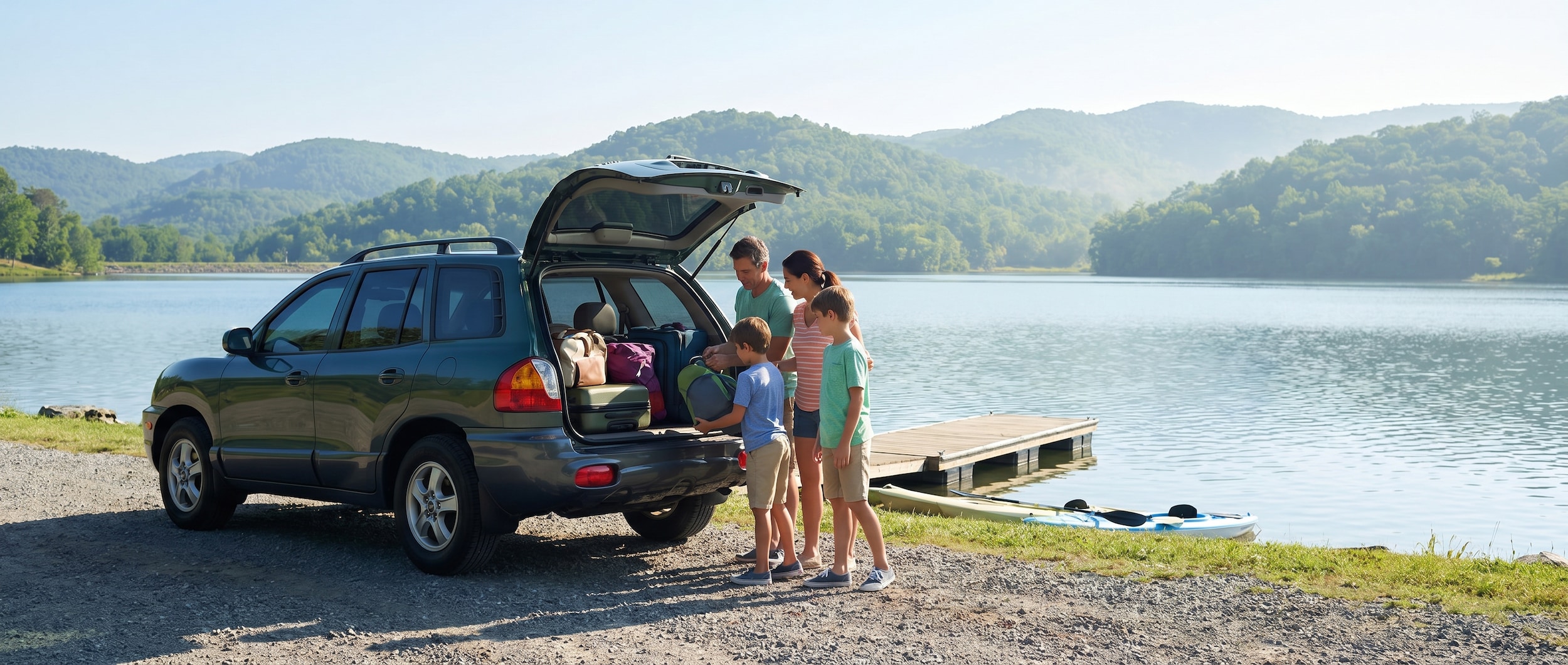 A family loading luggage into a used Hyundai SUV parked near a scenic Tennessee lake on a bright summer morning, with rolling green hills visible in the background.