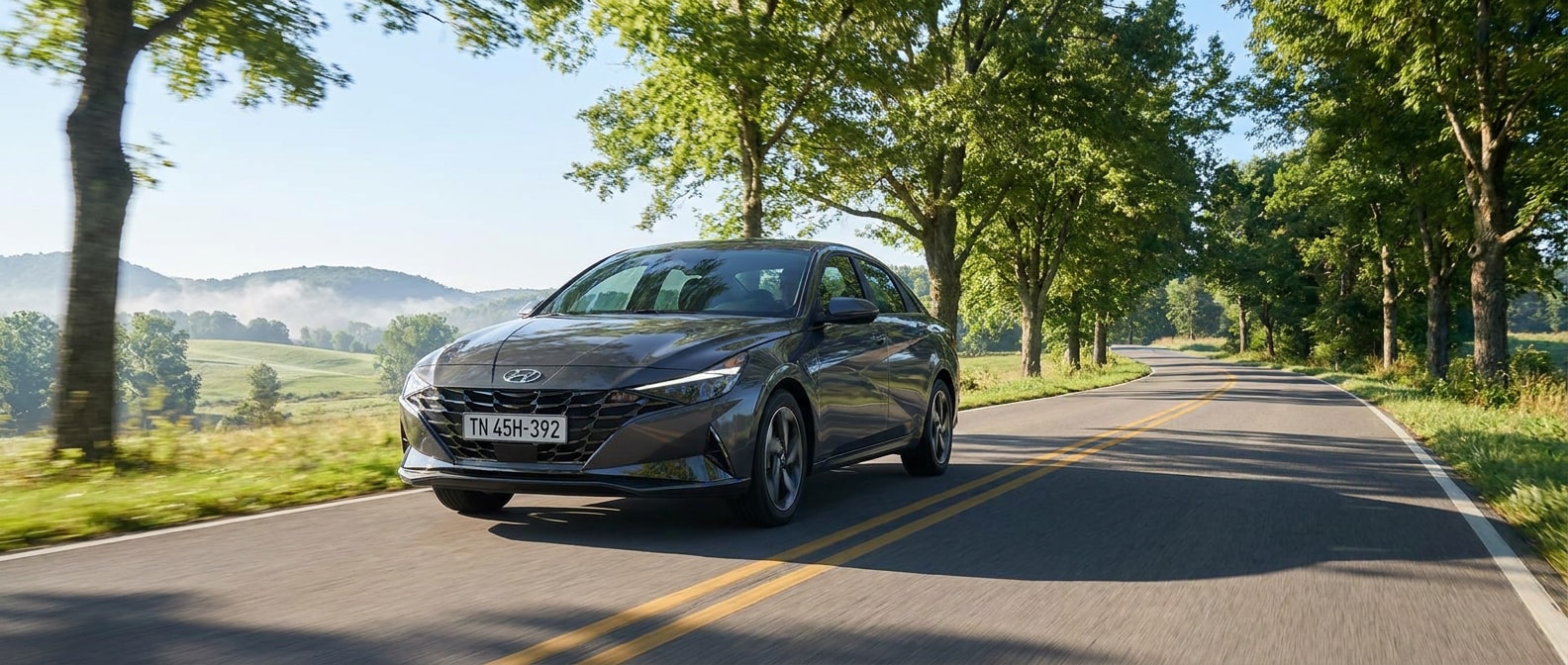 2026 Hyundai Elantra Hybrid on a two-lane Middle Tennessee road near White House and Hendersonville TN