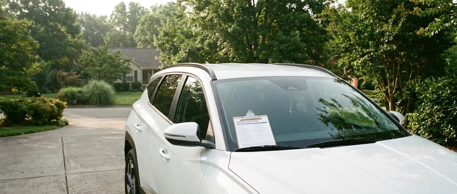 2026 Hyundai Tucson Hybrid in a Hendersonville TN driveway during August heat for seasonal maintenance checklist