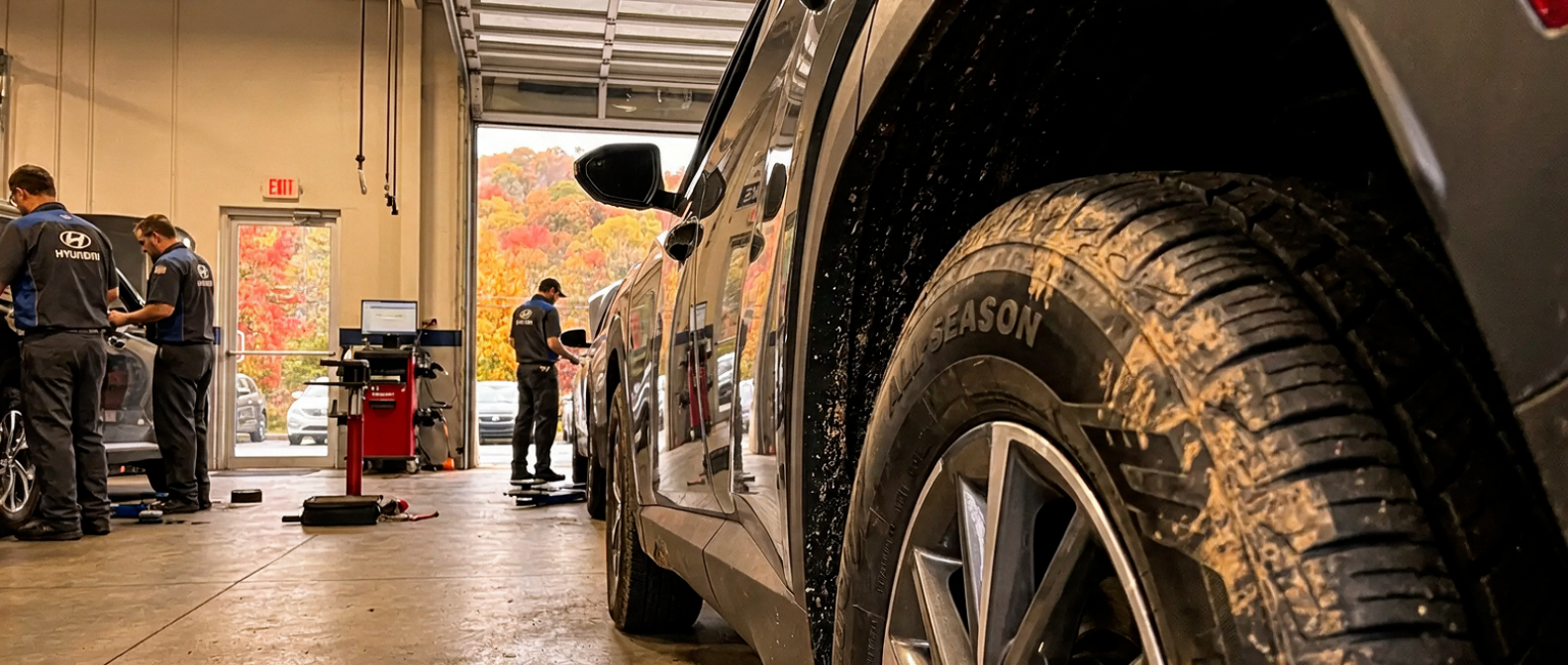 2026 Hyundai Tucson tire tread inspection at Hallmark Hyundai Hendersonville service bay before fall rain season
