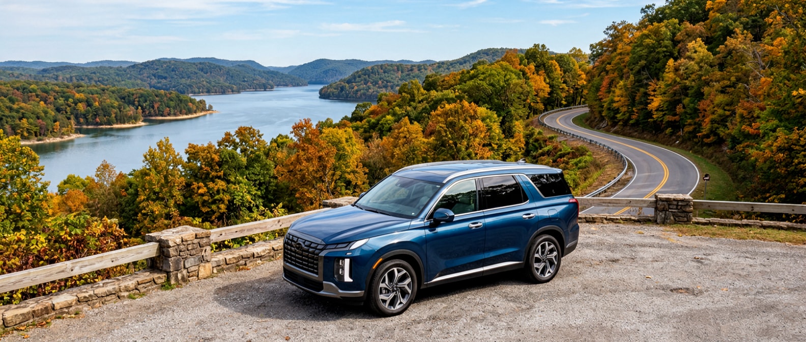 A descriptive summary of the image2026 Hyundai Palisade Hybrid parked near Old Hickory Lake in fall with Tennessee autumn foliage in the background