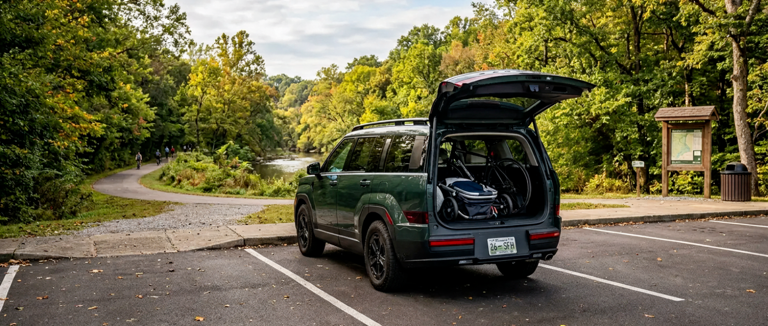 2026 Hyundai Santa Fe Hybrid at Station Camp Greenway trailhead with liftgate open and family gear loaded