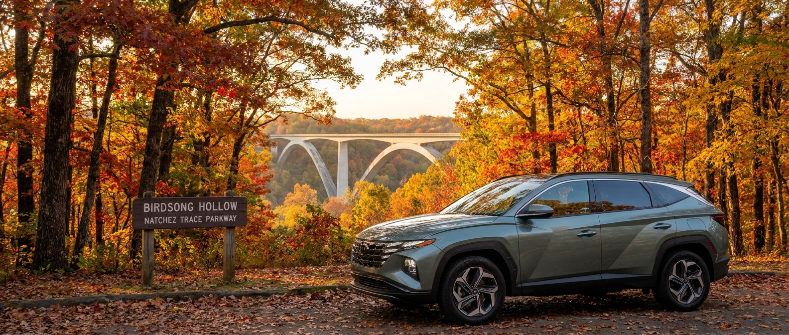 2026 Hyundai Tucson Hybrid at the Birdsong Hollow overlook on the Natchez Trace Parkway in Tennessee during fall foliage season