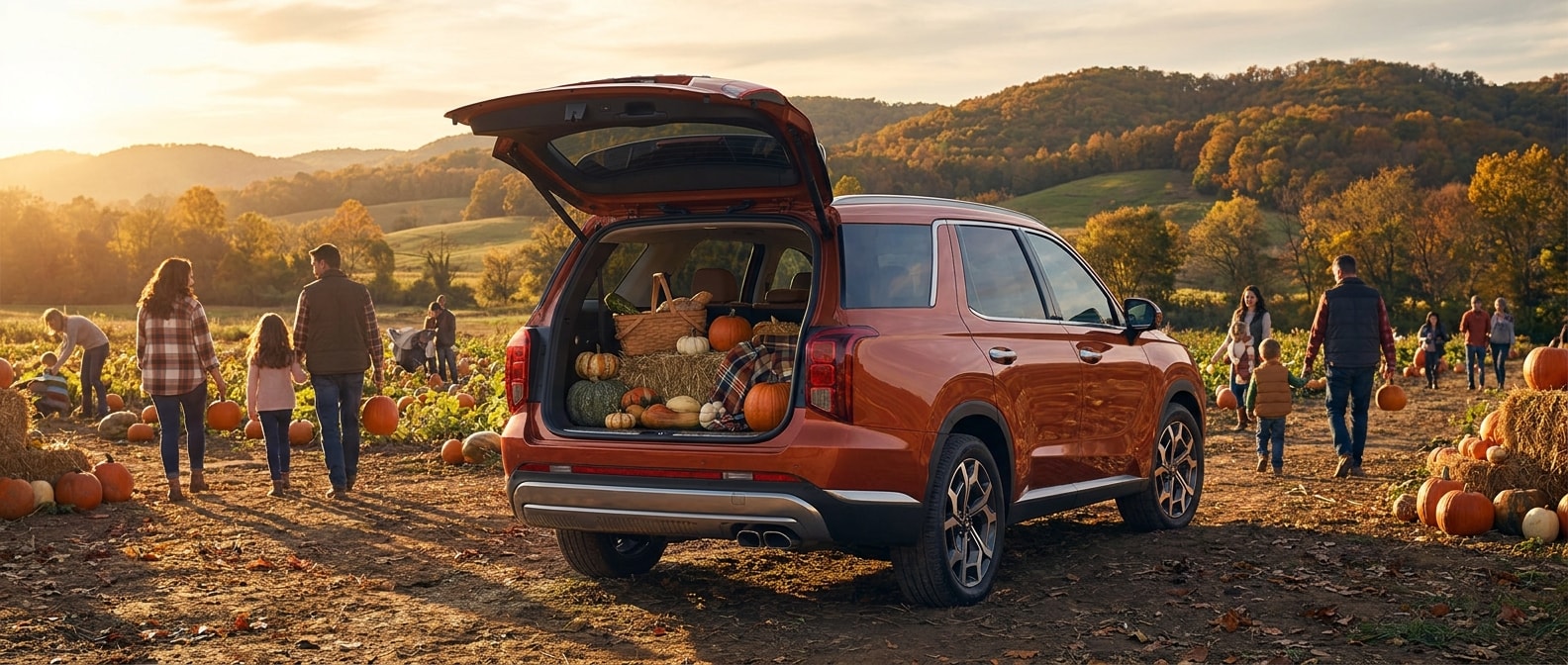 2026 Hyundai Palisade with open liftgate loaded with pumpkins at a Tennessee farm in October