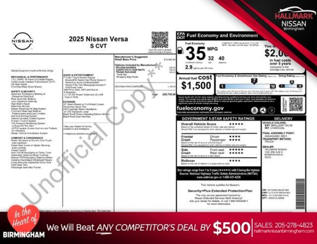 New 2025 Nissan Versa 1.6 S Sedan