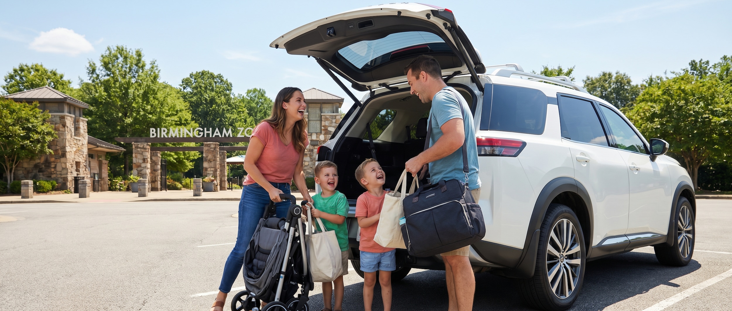 Nissan Pathfinder with car seats and stroller storage at Birmingham Zoo entrance in Birmingham, AL