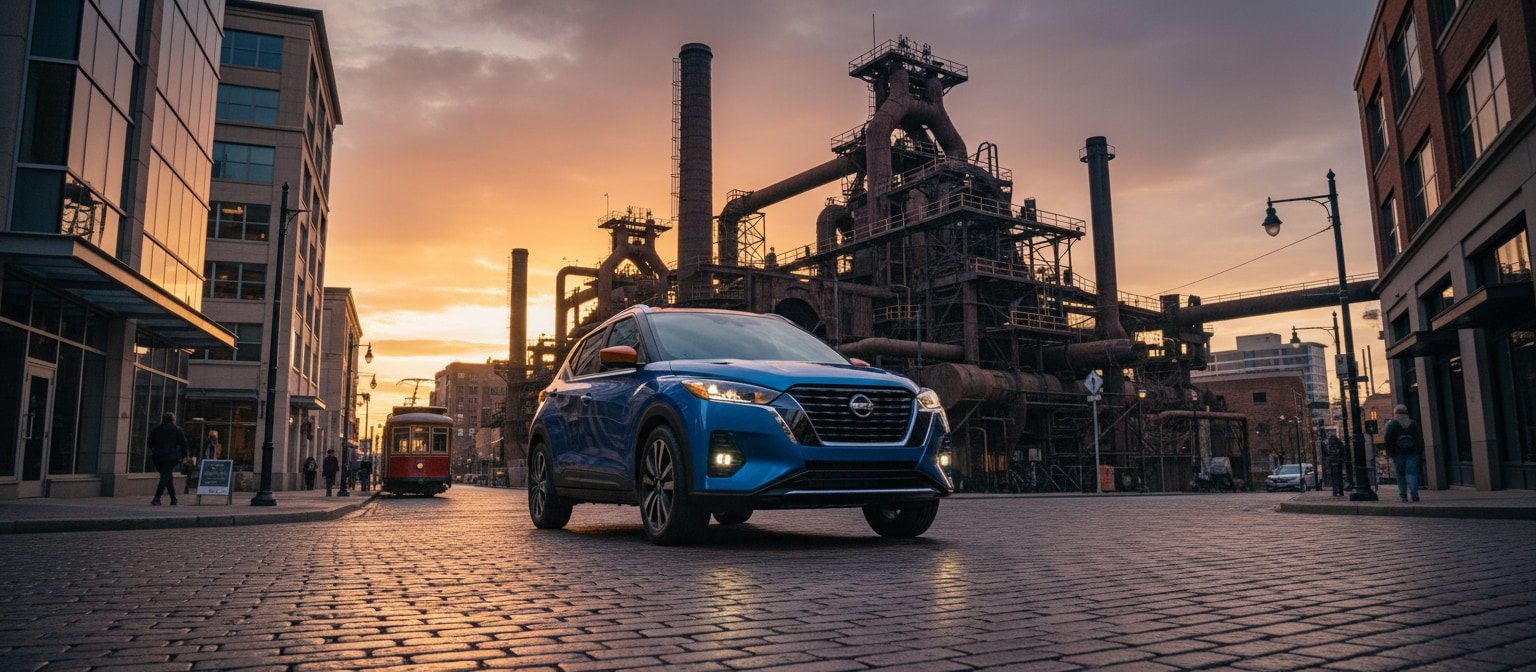 Nissan Kicks driving through downtown Birmingham AL near Sloss Furnaces historic site