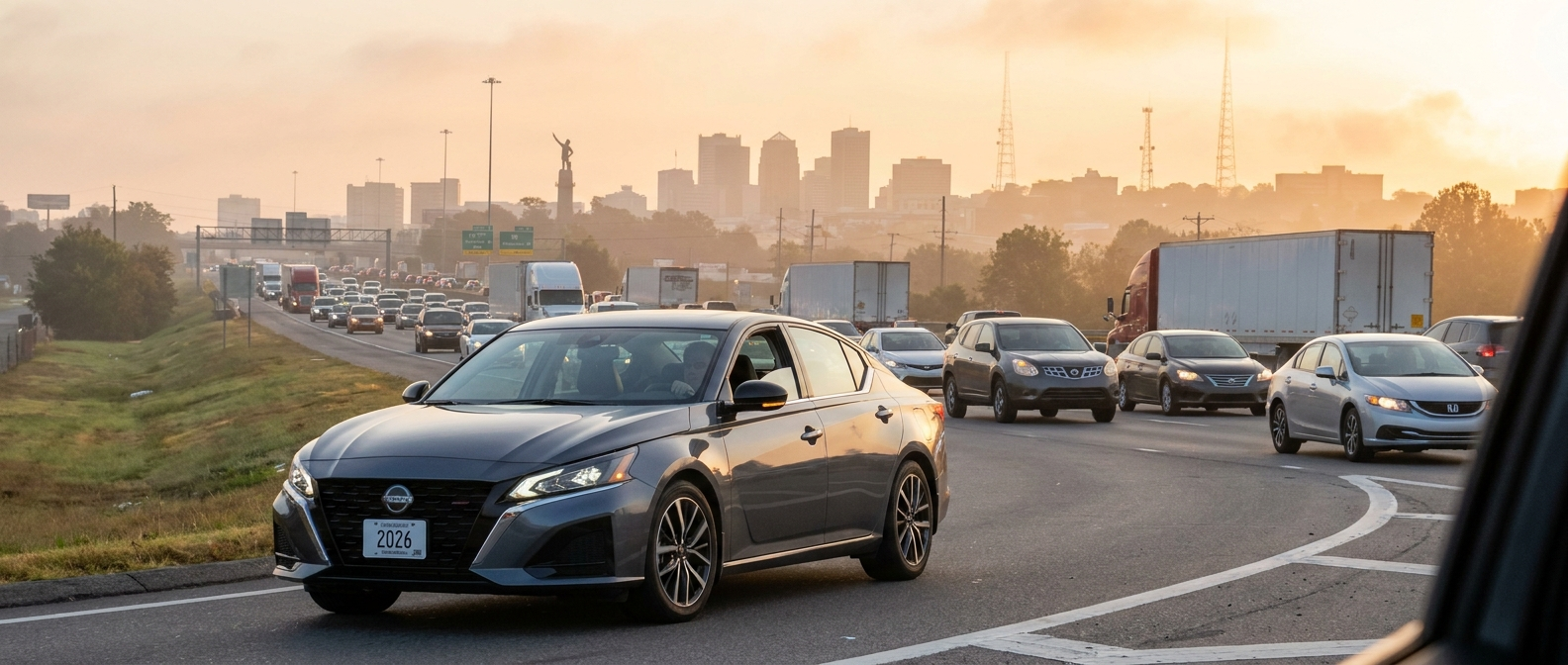 2026 Nissan Altima on I-65 in Birmingham, Alabama during morning commute traffic